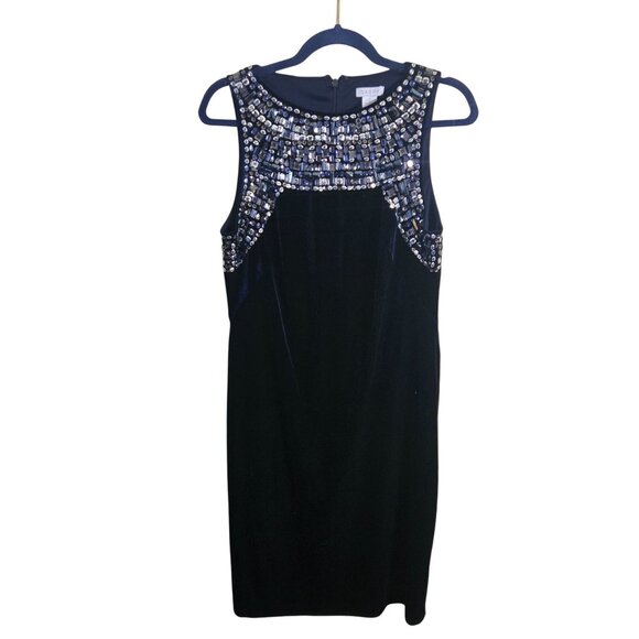 Cachè Vintage Navy Velvet Jeweled Holiday New Year's Sheath Dress Size 12 - Picture 2 of 8